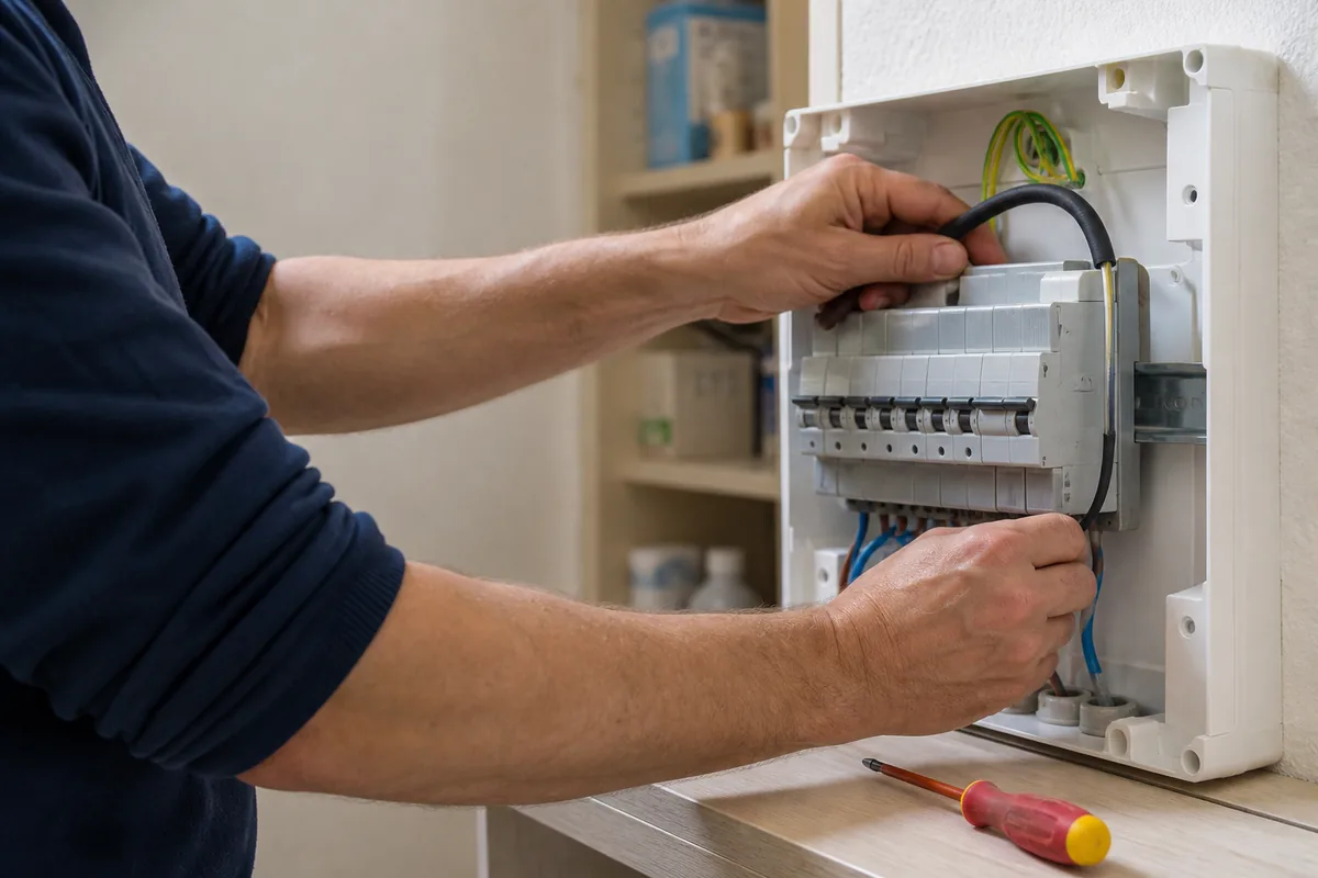 Mains d&rsquo;un artisan raccordant un coffret électrique dans un cellier clair