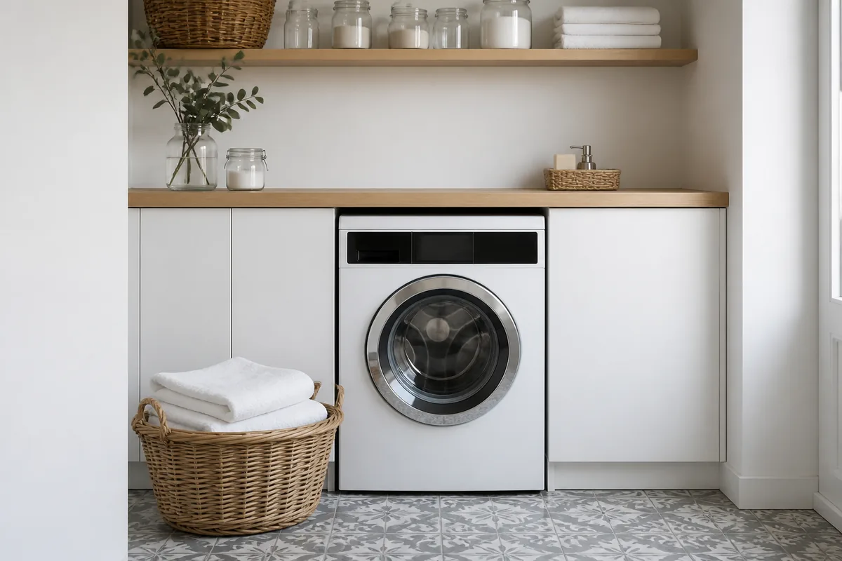 Lave-linge encastré dans une buanderie aux façades unies, panière en osier au sol