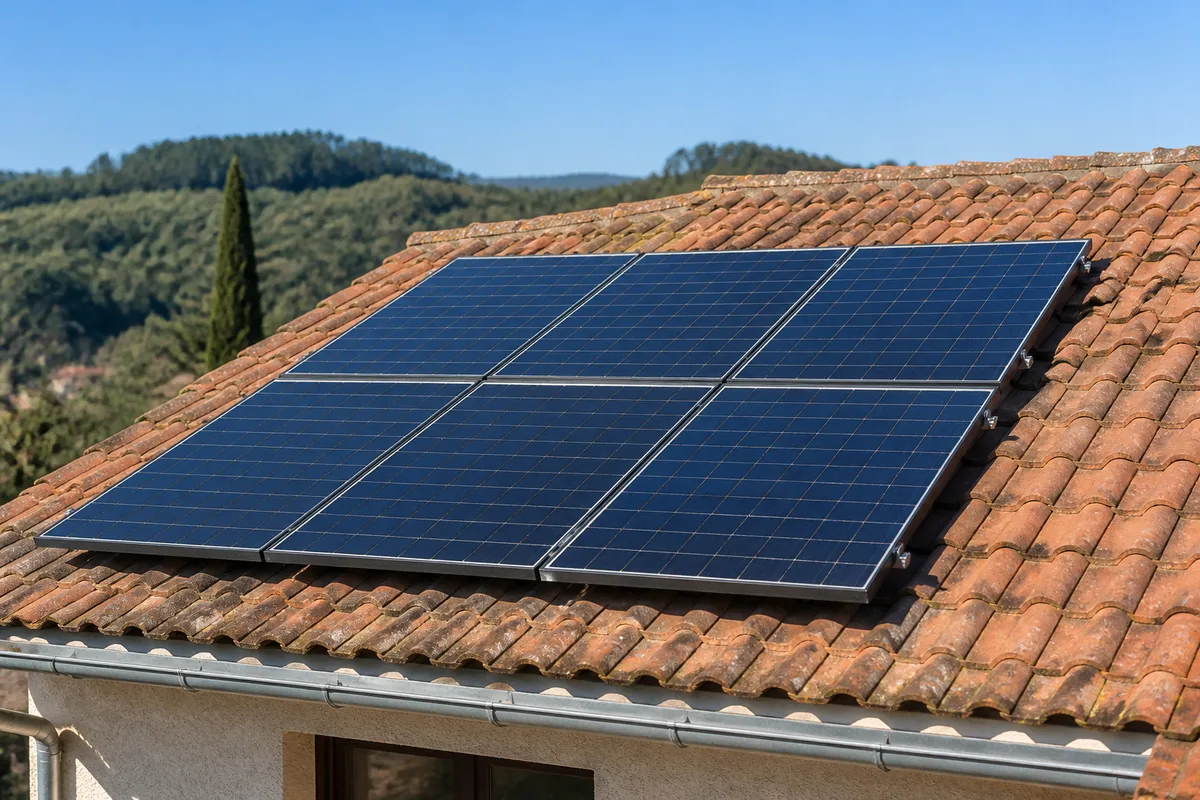 Toiture en tuiles rouges vue de trois quarts, rangée de modules photovoltaïques sombres, ciel bleu
