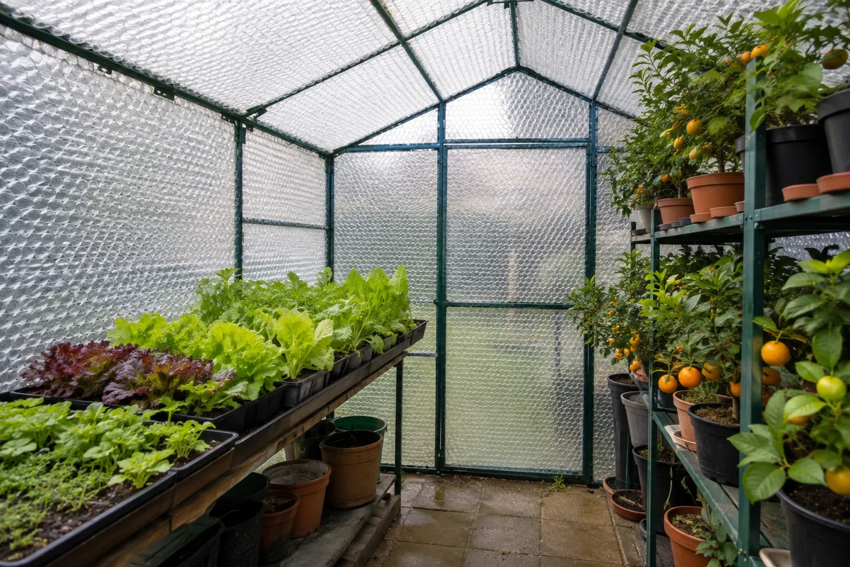 Serre de jardin en polycarbonate sous une gelée matinale d’hiver