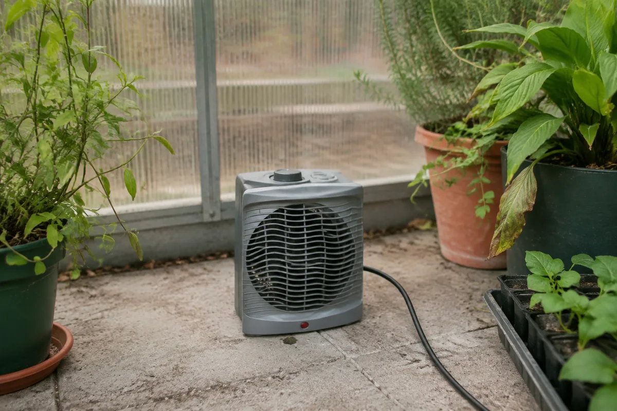 Radiateur soufflant horticole posé au sol dans une serre de jardin en hiver