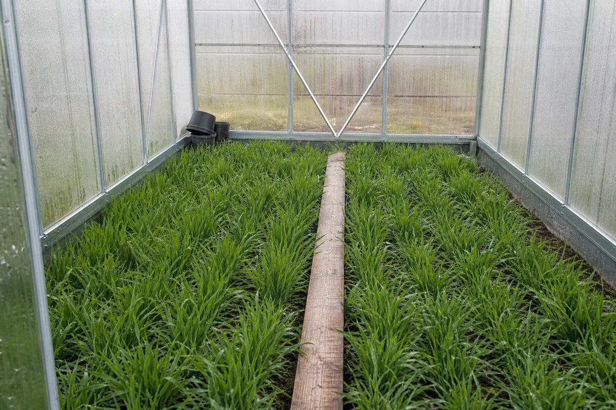 Rang de seigle vert dense poussant dans le sol nu d une serre de jardin en hiver, structure et panneaux flous en arrière-plan, lumière diffuse