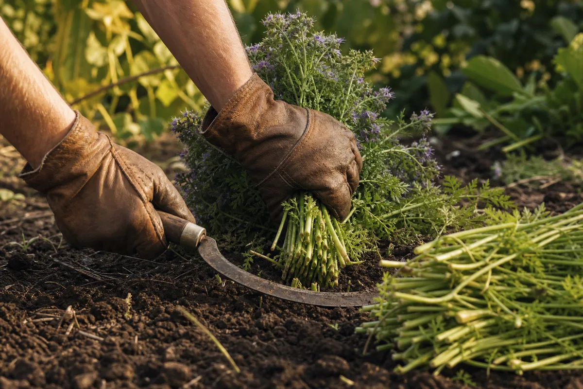 Mains gantées fauchant un couvert de phacélie en fleurs à la faucille au ras du sol, potager en arrière-plan, fin de journée