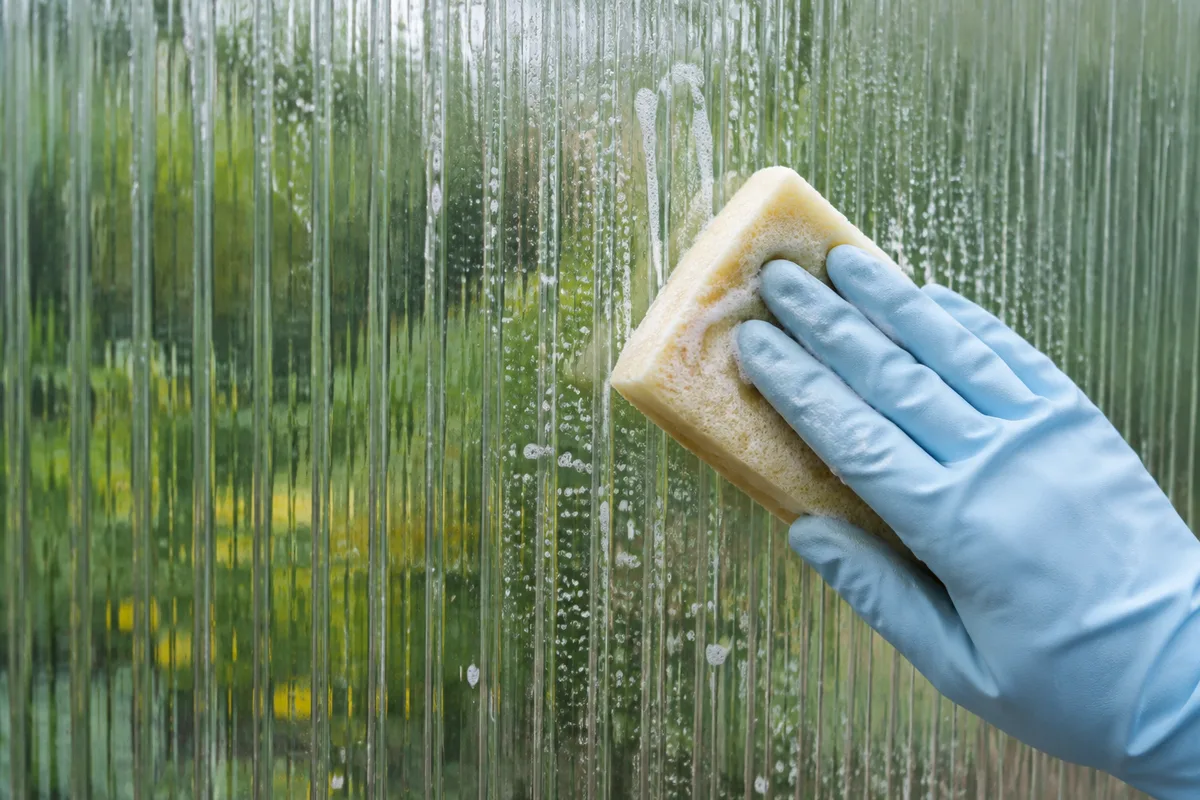 Plaques de polycarbonate alvéolaire d’une serre de jardin nettoyées à l’éponge