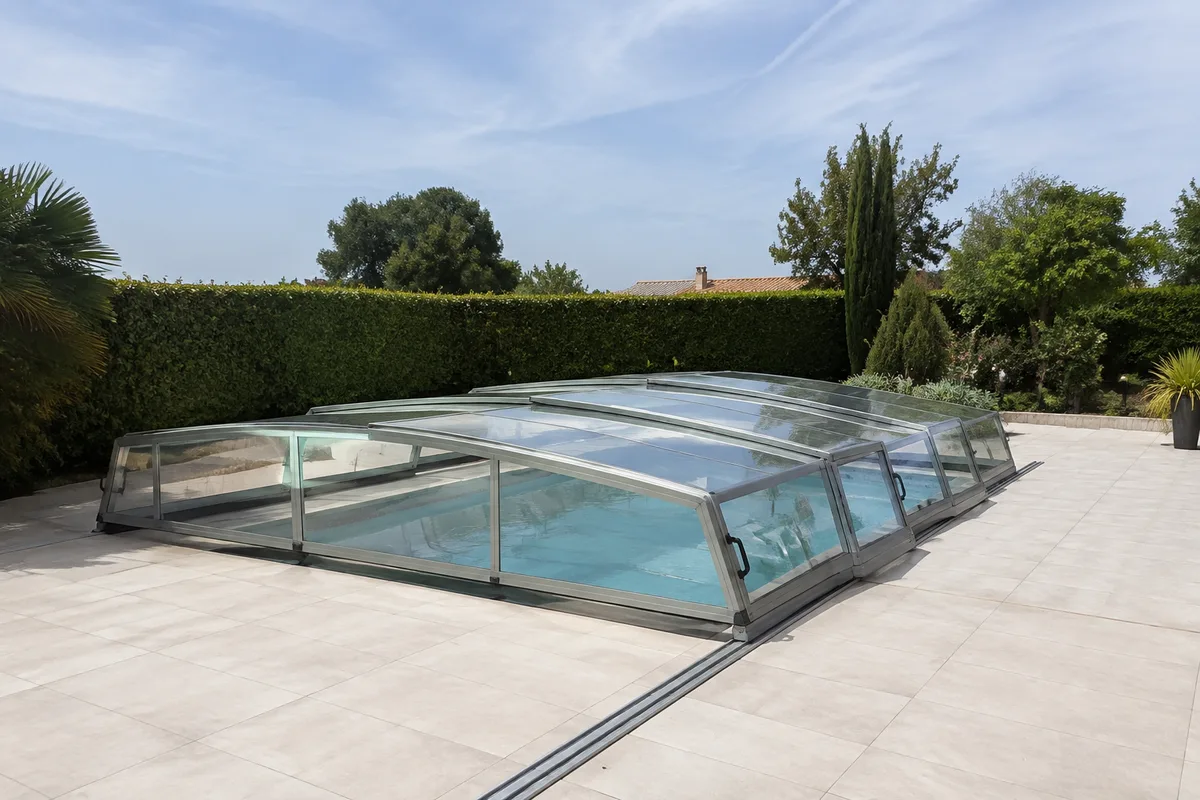Abri de piscine en polycarbonate transparent au bord d’un bassin