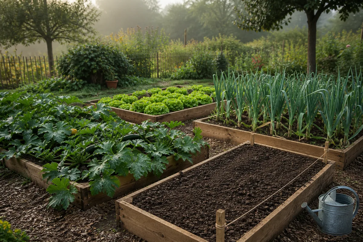 Quatre planches de potager familial délimitées par des bordures de bois brut, cultures différentes sur chaque planche, allées de terre battue, lumière de fin d août