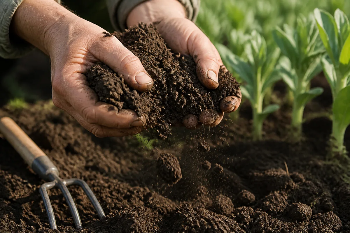 Mains nues émiettant une motte de terre brune au-dessus d une planche fraîchement préparée, jeunes plants de fèves alignés au second plan