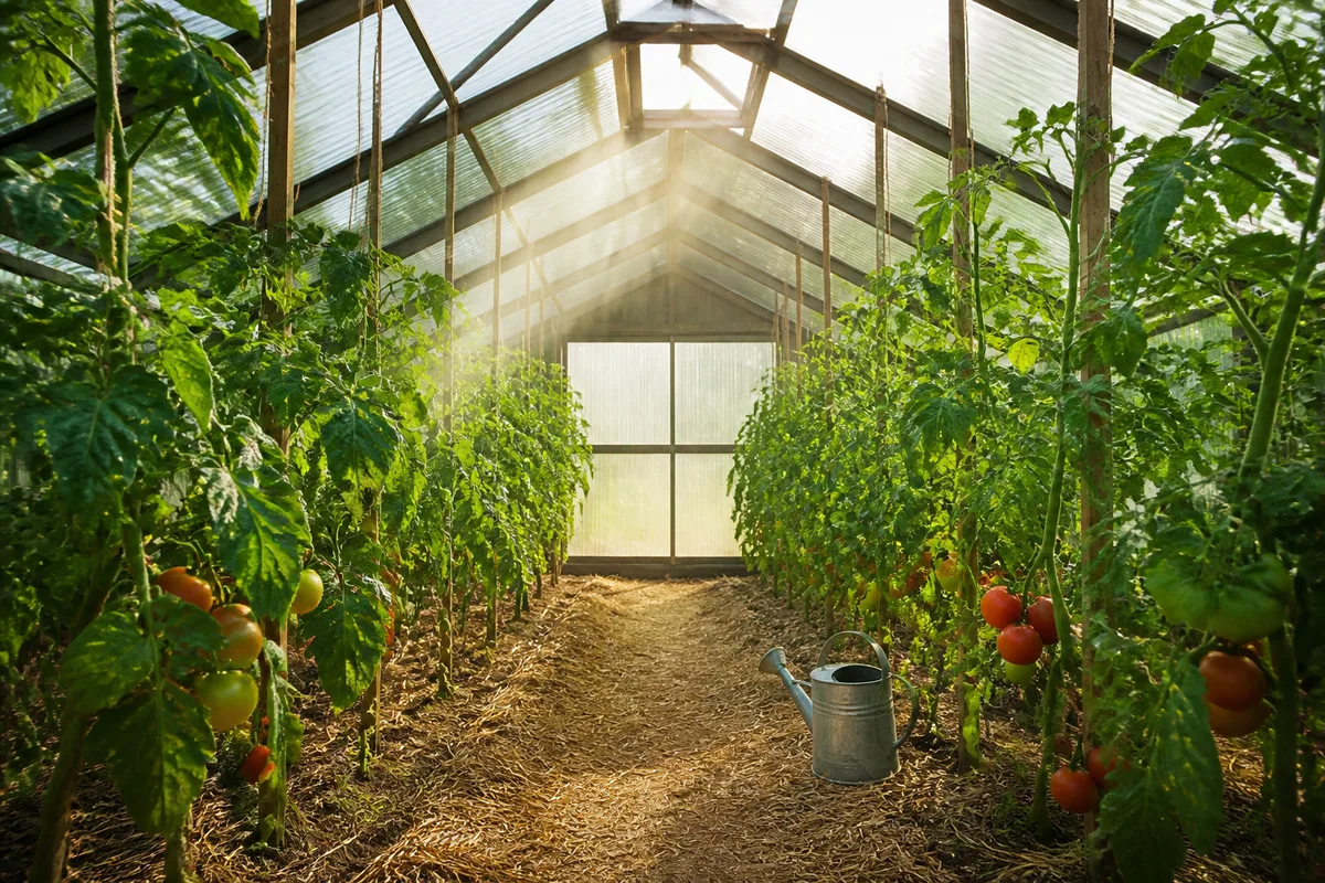 Intérieur d&rsquo;une serre de jardin en polycarbonate avec lucarne de toit ouverte et rangs de tomates