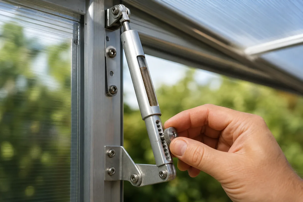 Main réglant un vérin thermique en aluminium sur une lucarne de serre de jardin