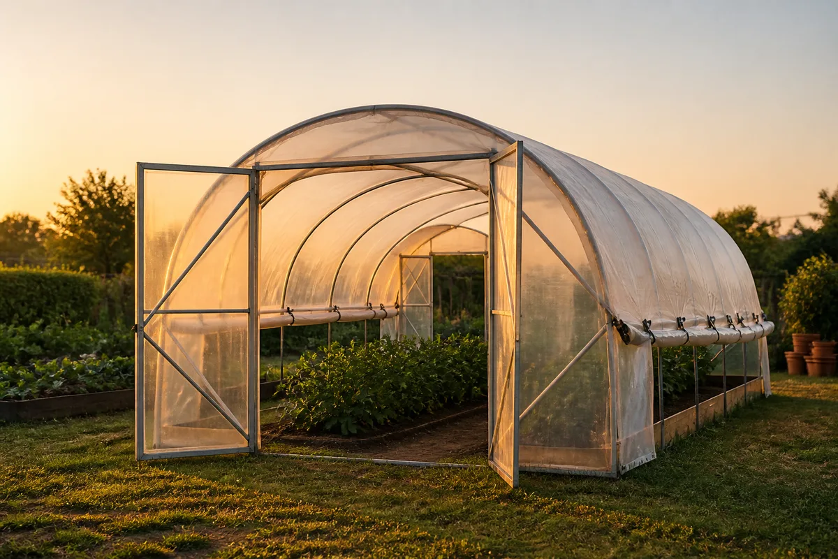 Serre de jardin vue de l&rsquo;extérieur avec portes ouvertes et bandeau latéral relevé au lever du soleil